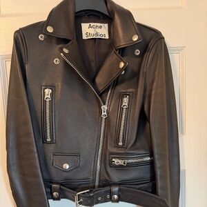 Women’s ACNE black leather moto jacket size 0, $475
